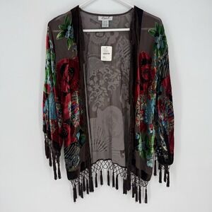 Aris A Kimono Burnout Velvet Floral Boho Beading Tassel Fringe Silk Blend